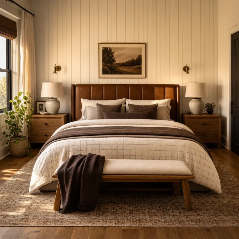 White and brown bedroom with a cognac leather headboard, layered oatmeal and chocolate bedding, oak nightstands, half panel walls, and warm afternoon light across wooden floors.