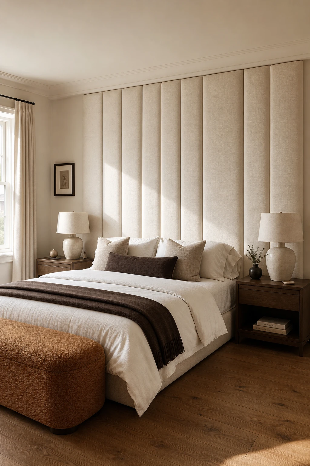 White and brown bedroom with a floor to ceiling upholstered headboard in warm ivory linen anchoring the sleeping wall, styled with layered bedding and warm ambient light