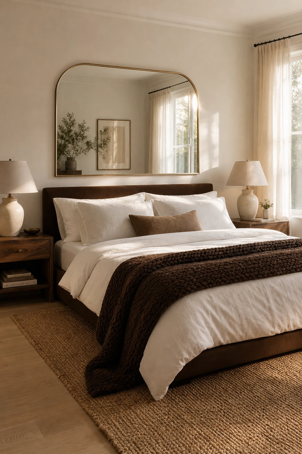 White and brown bedroom with a large mirror centered over the bed reflecting warm light, styled with linen bedding and walnut wood accents