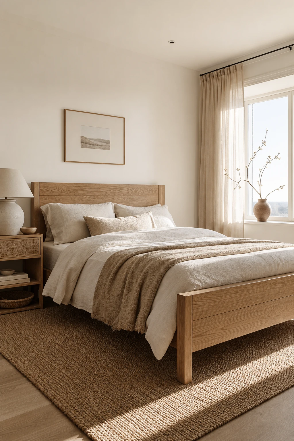 White and brown bedroom with a light wood bed frame as the hero, warm white walls, linen bedding, rattan nightstand, and soft morning light from a side window