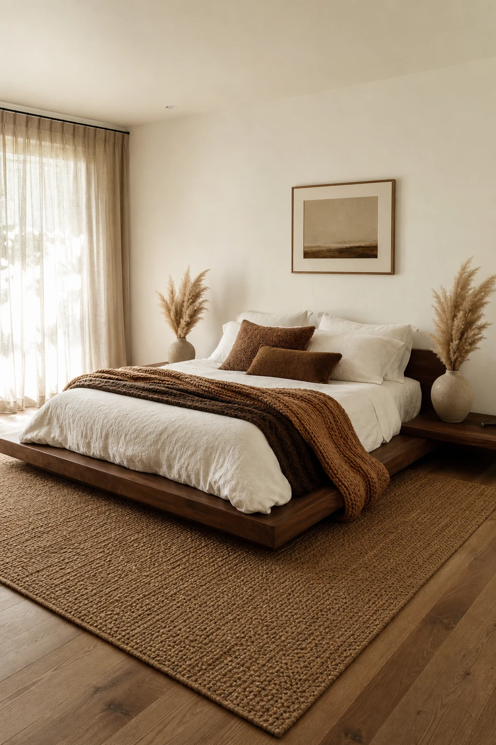 White and brown bedroom with a low platform bed as the hero, warm white walls, linen bedding, wood floor, and natural morning light