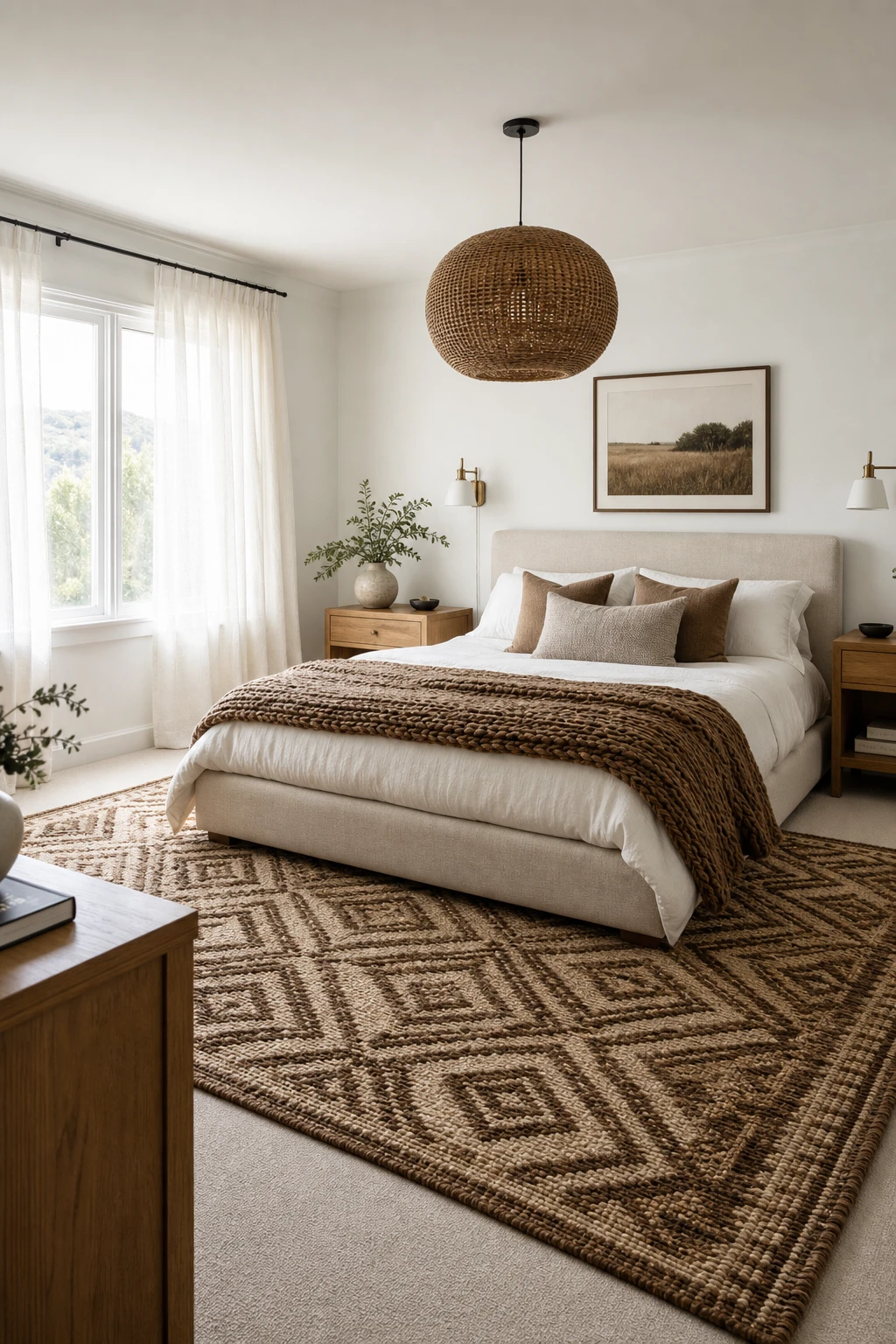 White and brown bedroom with a patterned rug layered over neutral carpet, zoning the sleeping area with texture and warmth