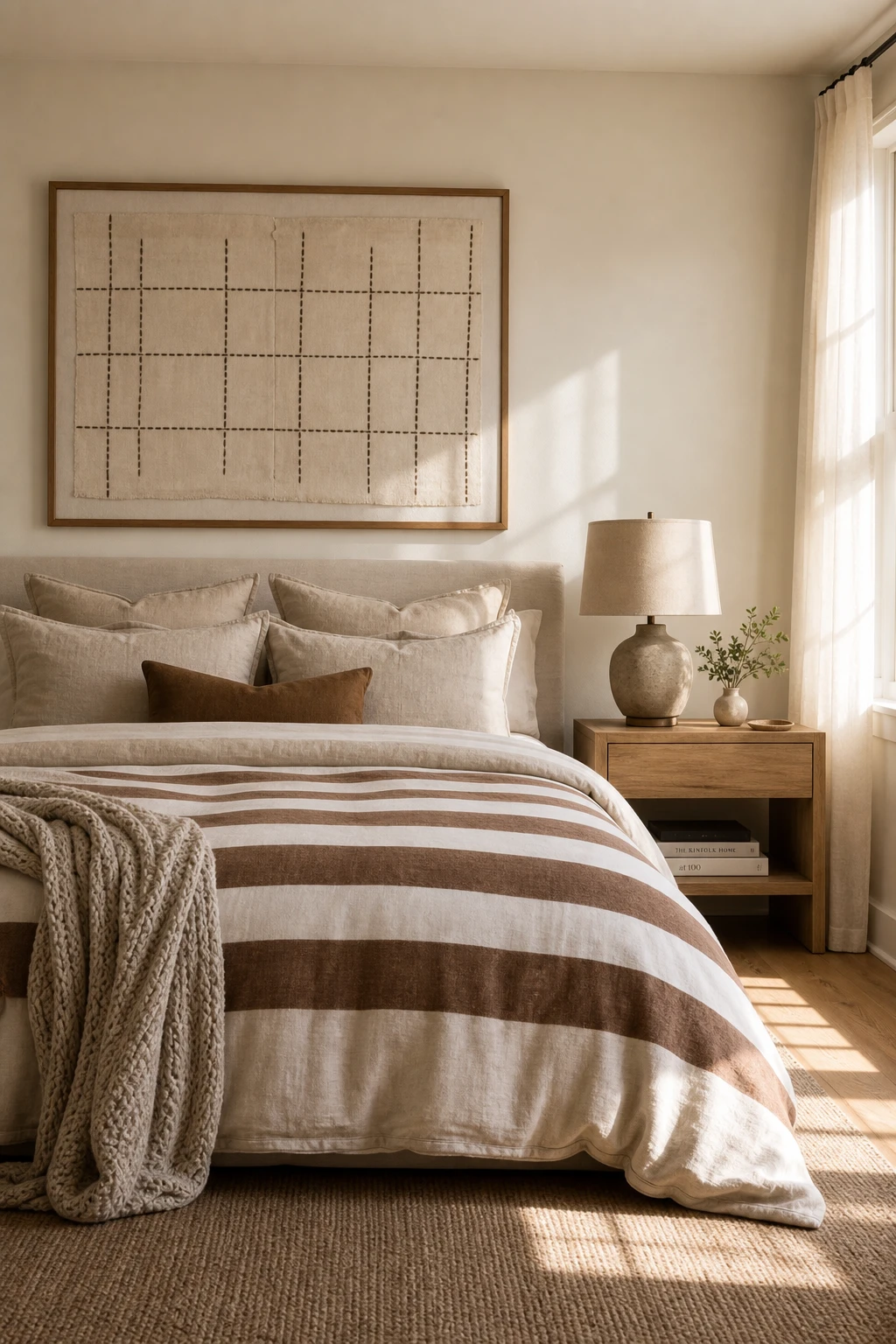 White and brown bedroom with a striped comforter as the hero, warm white walls, natural linen pillows, and a wooden nightstand in soft morning light.