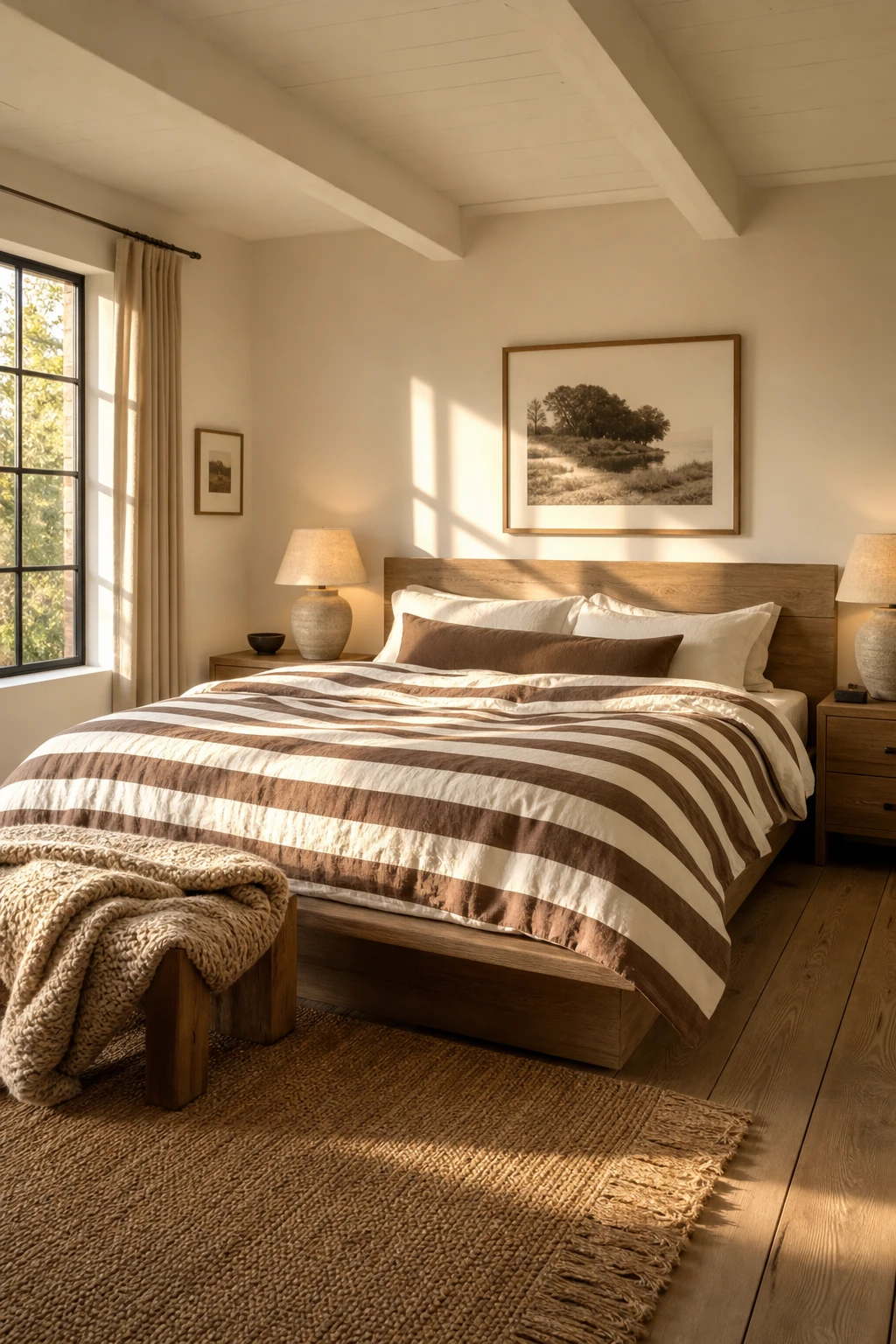 White and brown bedroom with a striped duvet as the hero, warm afternoon light, Farrow and Ball White Tie walls, linen bedding layers and oak flooring