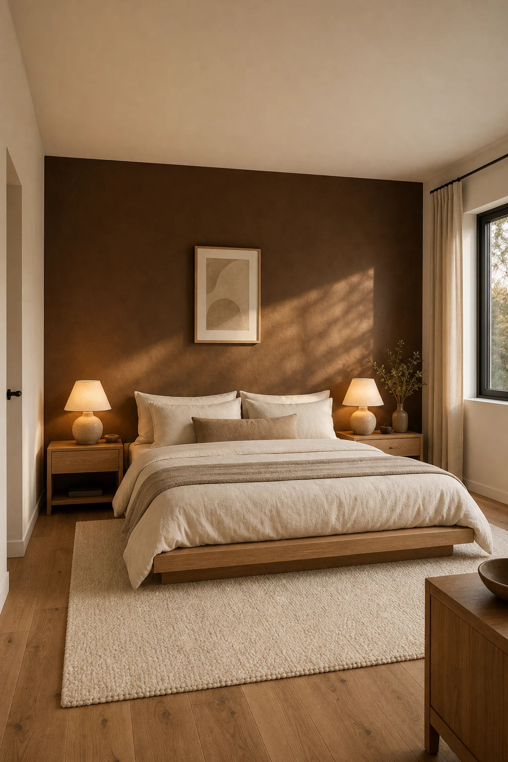 White and brown bedroom with a Tanner's Brown feature wall behind a low profile bed, warm evening light, linen bedding, and oak flooring