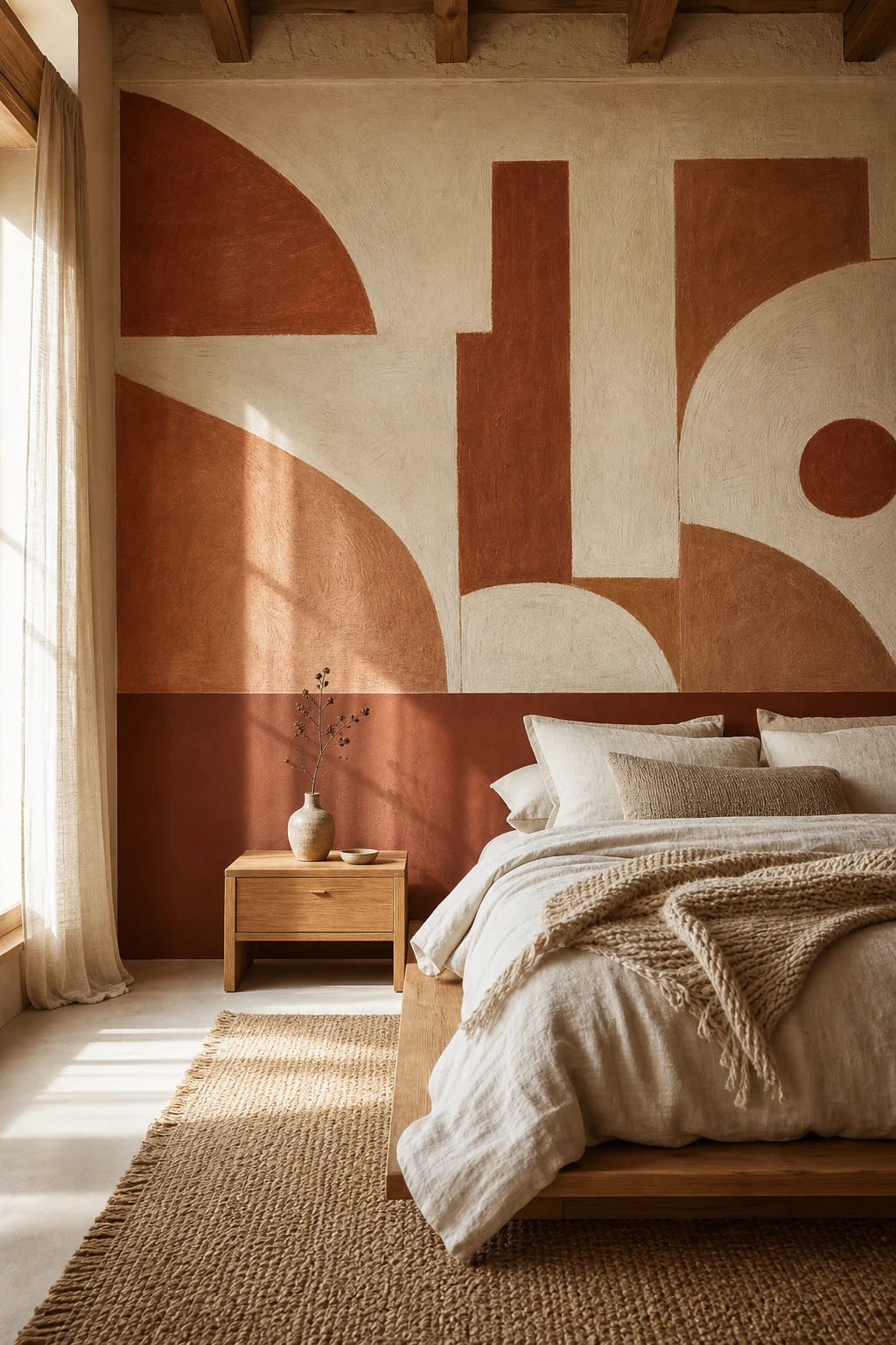White and brown bedroom with abstract wall art as hero feature, warm earth tone painted accent wall, linen bedding, wooden nightstand, and soft natural light