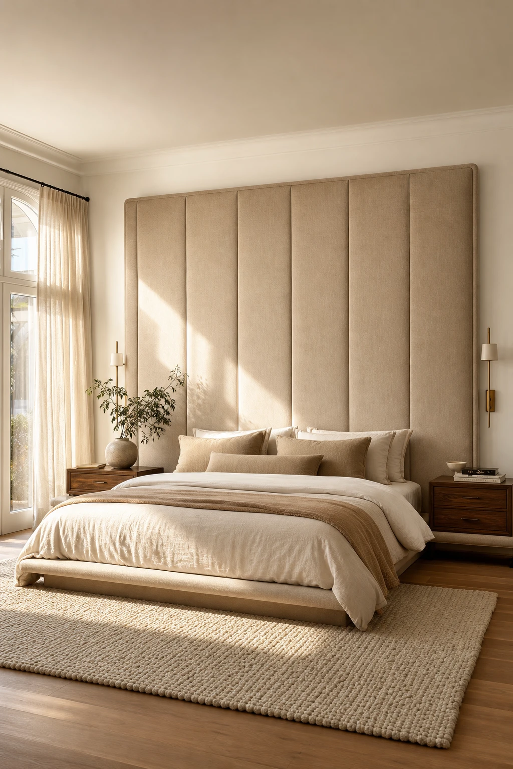 White and brown bedroom with an oversized extended headboard bed as the focal point, warm white walls, layered linen bedding, and natural wood nightstands in soft morning light