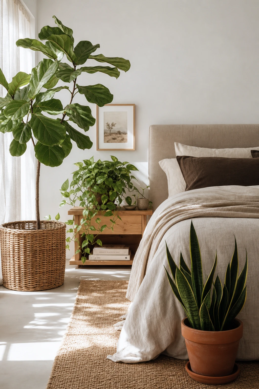 White and brown bedroom with bedroom plants as hero, Great White painted walls, natural light, linen bedding, rattan pot covers, timber floor