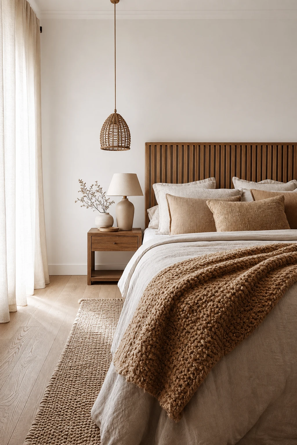 White and brown bedroom with beige brown layering across linen bedding, woven throws, timber headboard and walls in Farrow and Ball All White paint