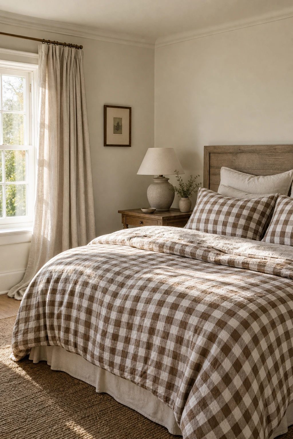 White and brown bedroom with checked bedding as the hero, warm white walls, timber nightstand, linen curtains, and soft natural morning light