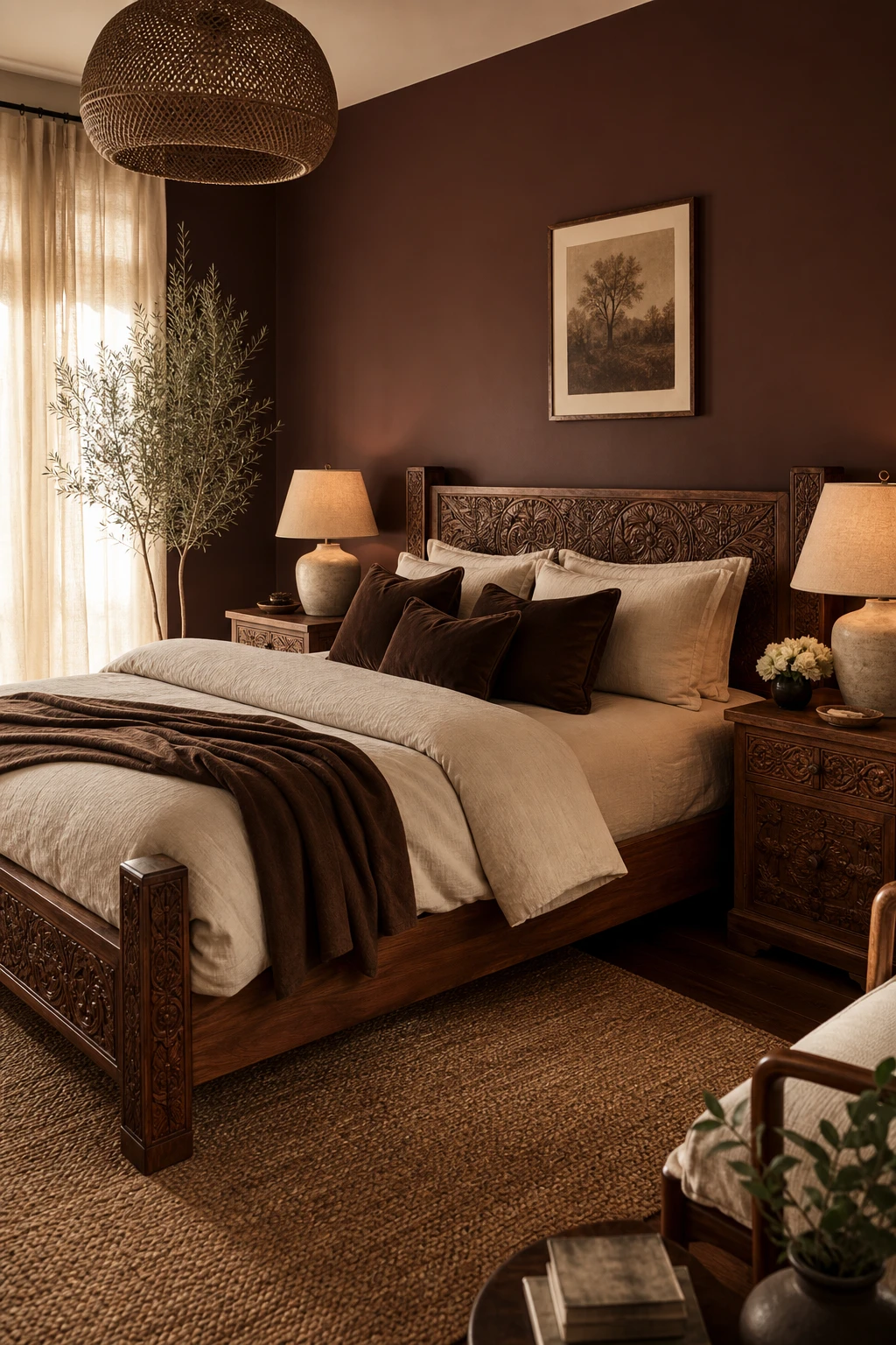 White and brown bedroom with chocolate cream palette featuring deep walnut furniture, cream linen bedding, layered textures and Farrow and Ball Mahogany accent wall