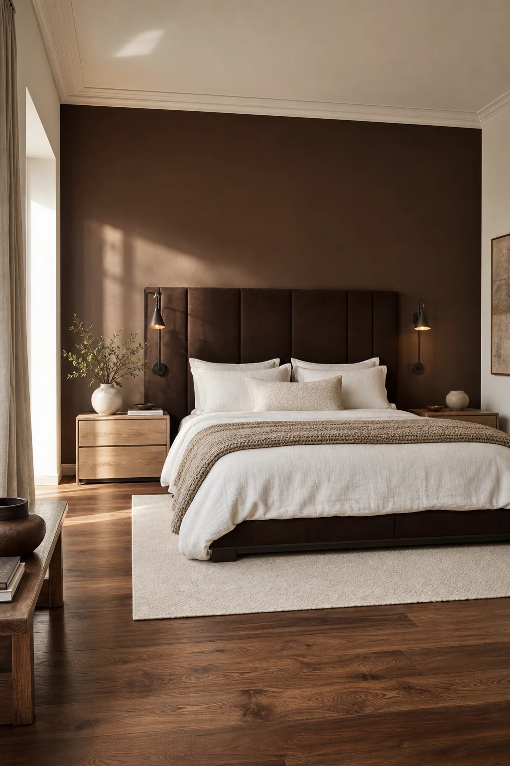 White and brown bedroom with dark brown contrast headboard wall, crisp white bedding, warm timber floors and Farrow & Ball Cola painted accent wall