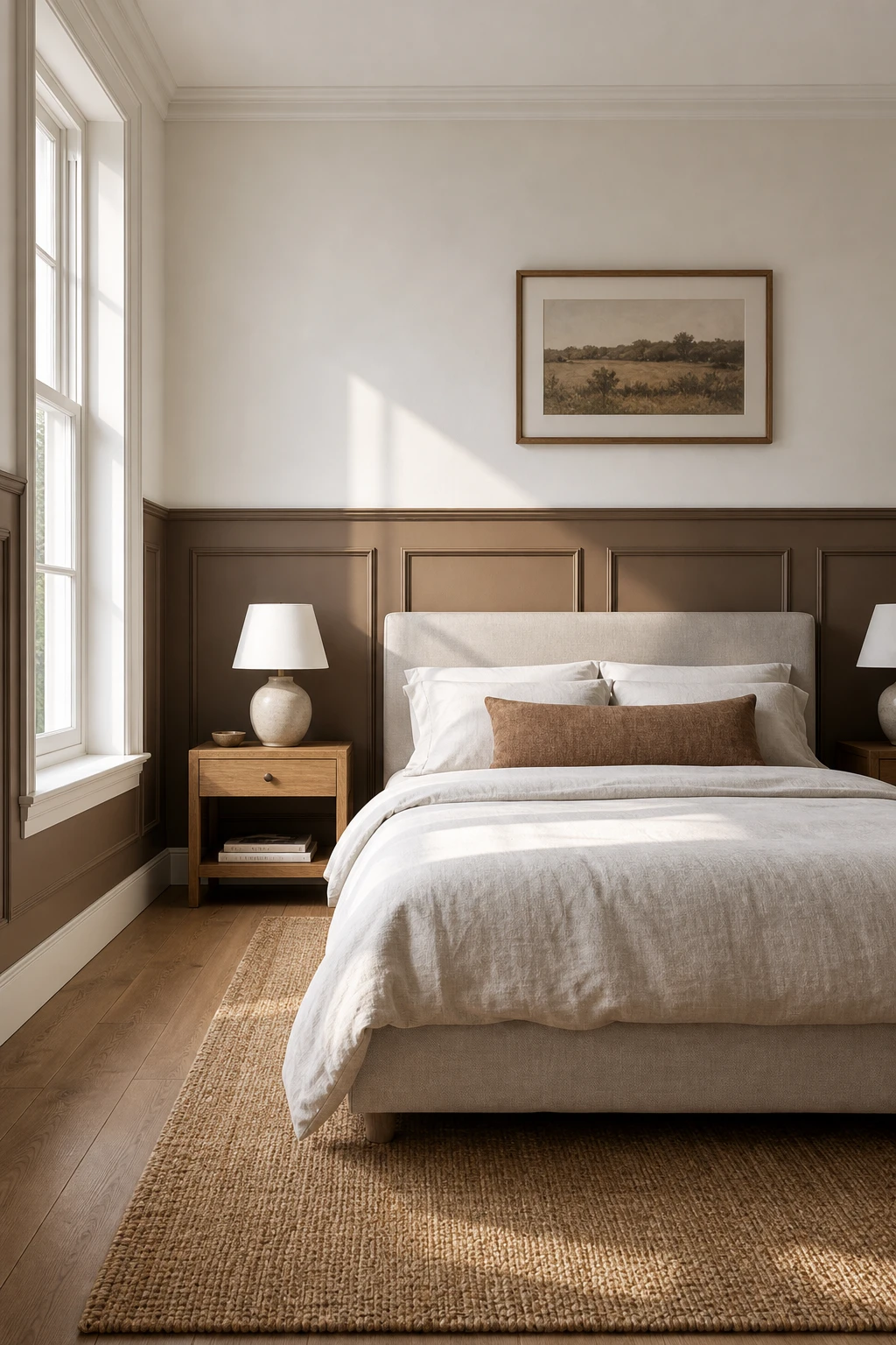 White and brown bedroom with half panel wall in Farrow and Ball Wainscot paint below crisp white upper walls, warm timber floor and linen bedding