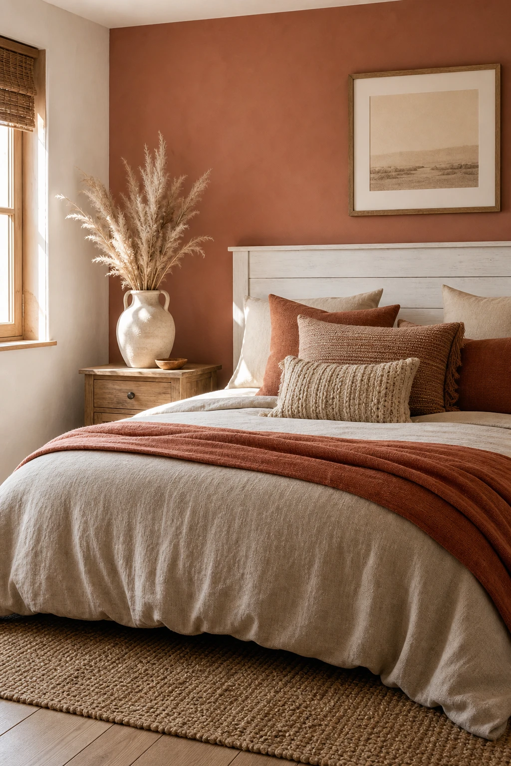 White and brown bedroom with oatmeal and terracotta bedding as the hero, layered linen textures, wooden nightstand, and Farrow and Ball Faded Terracotta painted wall