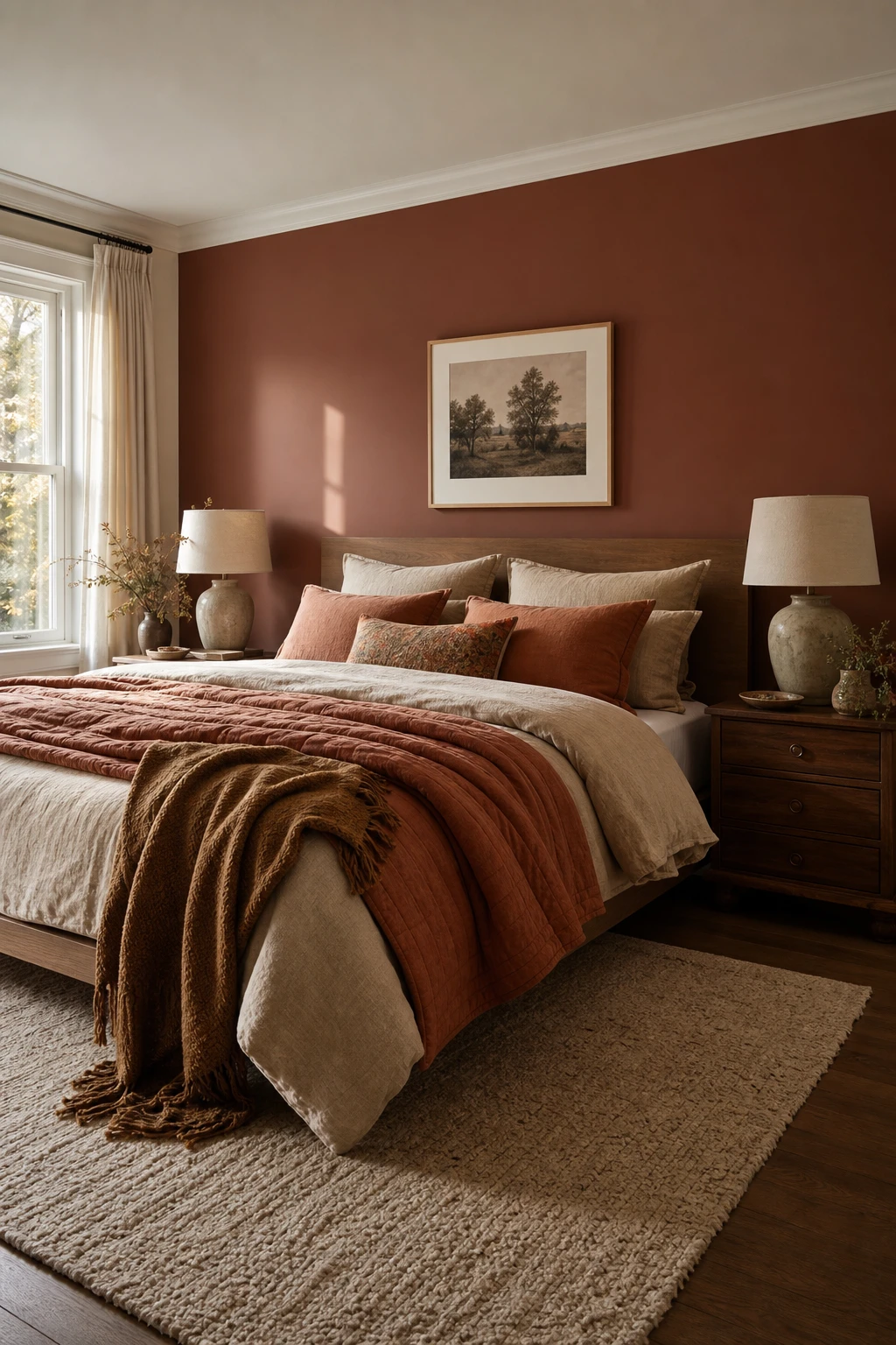 White and brown bedroom with rust beige bedding as hero, linen duvet, ceramic lamp, wood nightstand, Farrow and Ball Fox Red accent wall, warm morning light