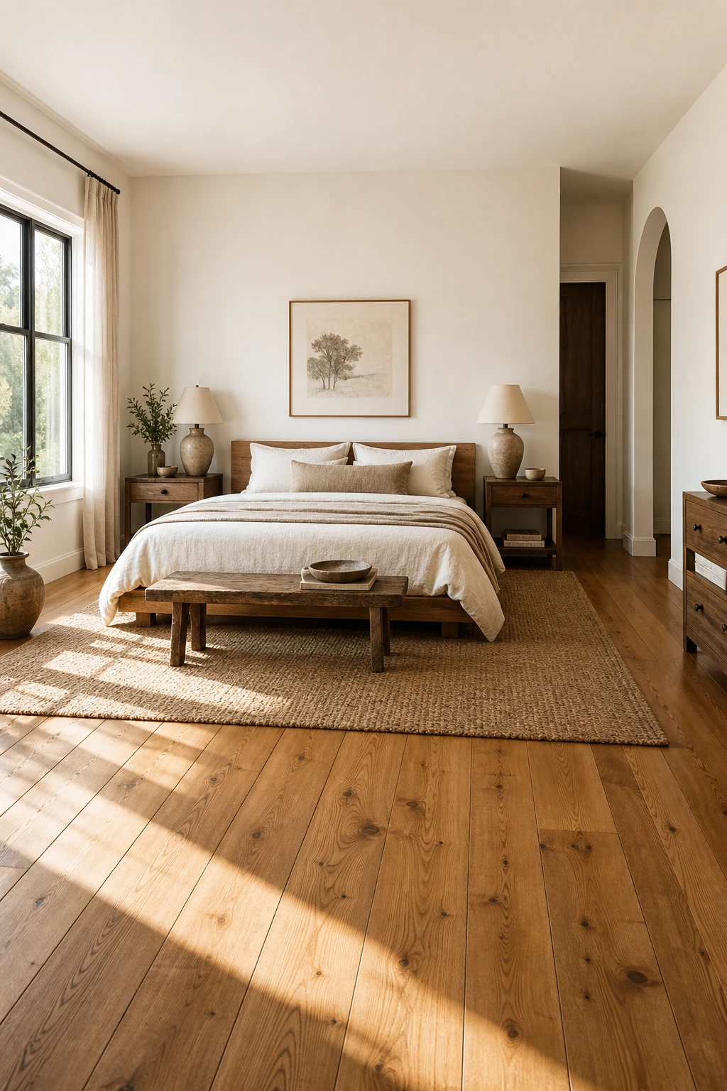 White and brown bedroom with warm wooden floors as the hero, white walls, linen bedding, natural timber furniture and soft morning light flooding the space
