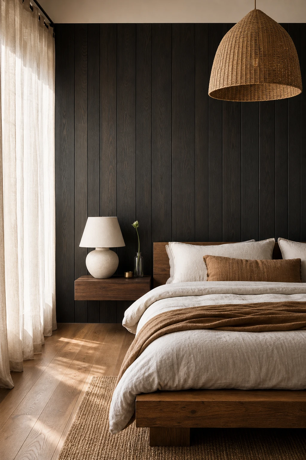White and brown bedroom with wood panelled walls painted Farrow and Ball Blackened, warm timber tones, linen bedding, rattan pendant and oak flooring