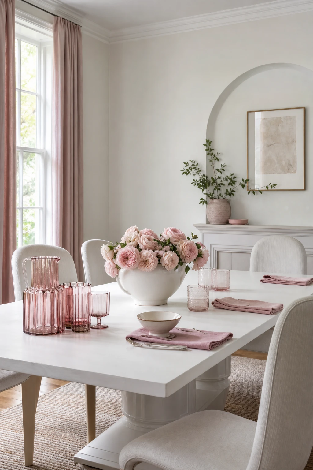 White dining room with a large white table styled with pink accents including blush napkins, pink glassware, and soft floral centerpiece under warm midday light