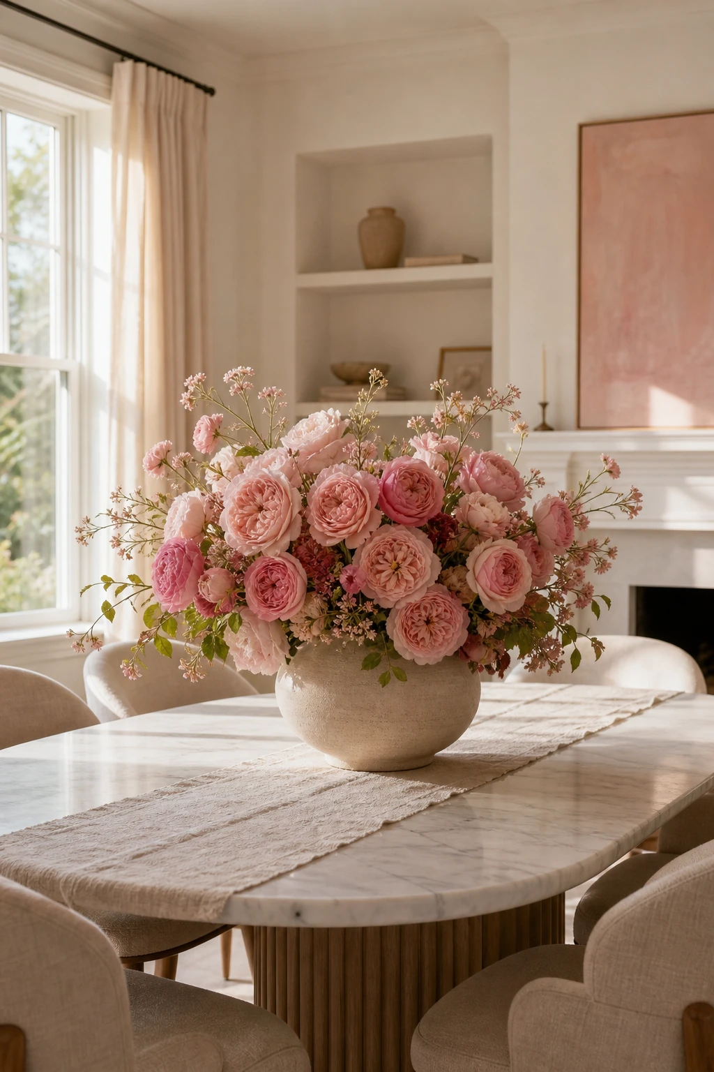 White dining room with pink flowers as the focal point, styled with linen chairs, a marble table, and warm afternoon light on Shadow White walls