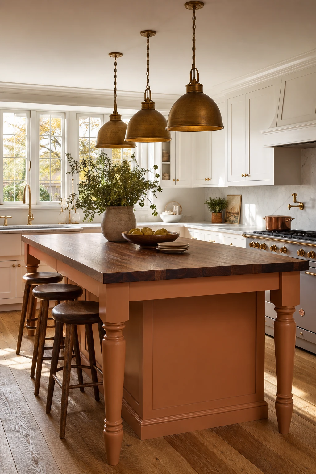 White kitchen with a walnut island as the focal point, warm gold hardware, pendant lights, and Farrow and Ball Orangery paint on the island base