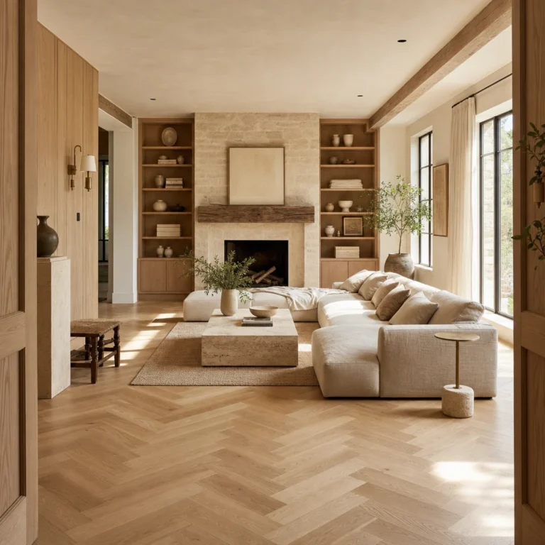 White oak living room with herringbone floors, oak wall paneling, a stone fireplace with a chunky wood beam, and symmetrical oak built-in shelves in warm midmorning light.