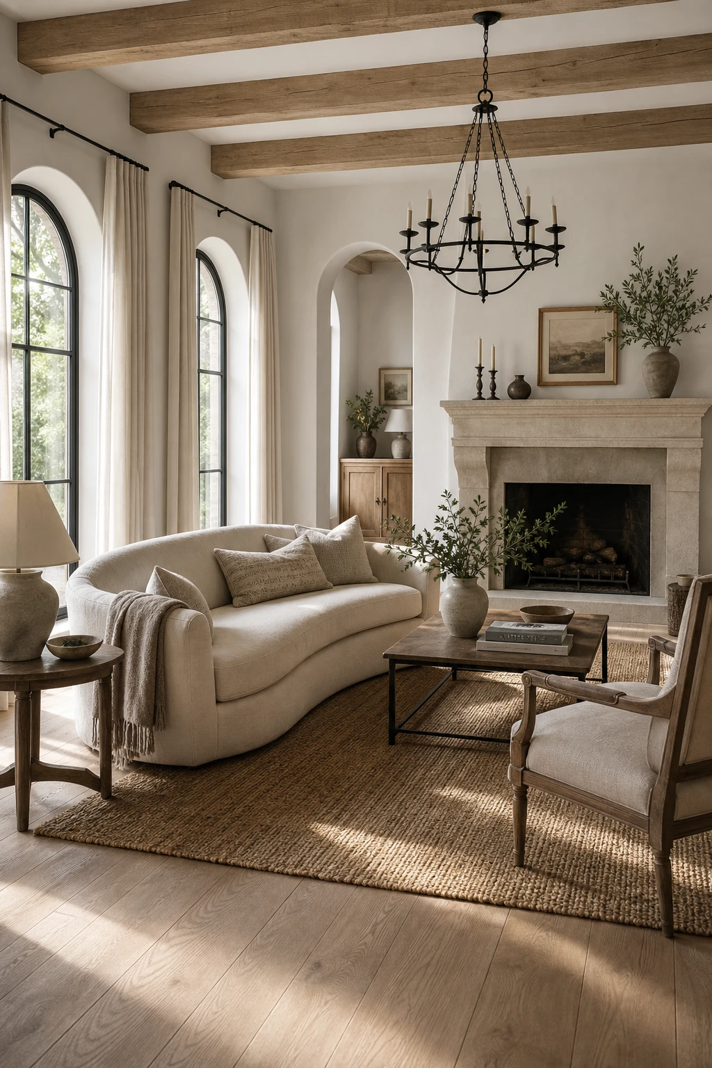 White oak living room in French Country Modern style with raw beam ceiling, linen sofa, arched doorway and Farrow & Ball Salt painted walls in cool white