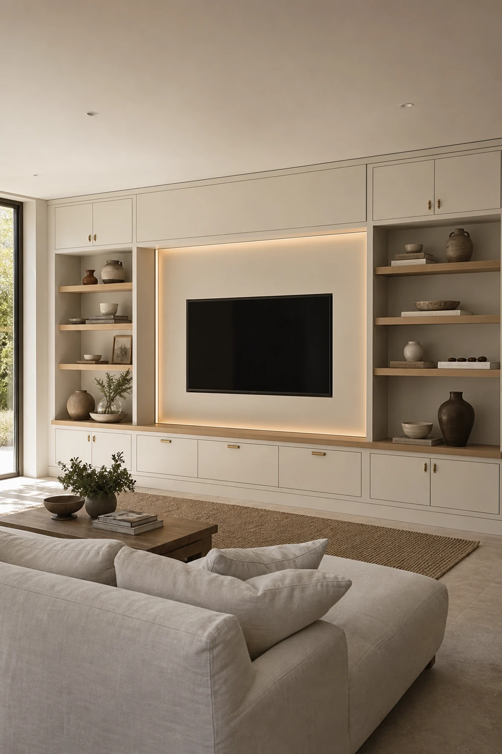 White oak living room with a built in media wall painted Farrow and Ball Blanc De Treillage housing a flush mounted TV flanked by open shelving and soft natural light