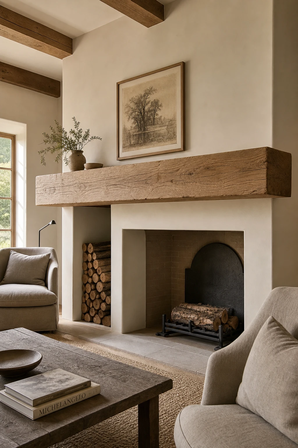 White oak living room with a chunky wood beam mantel as the hero above a fireplace, styled with warm white walls, linen seating, and natural textures