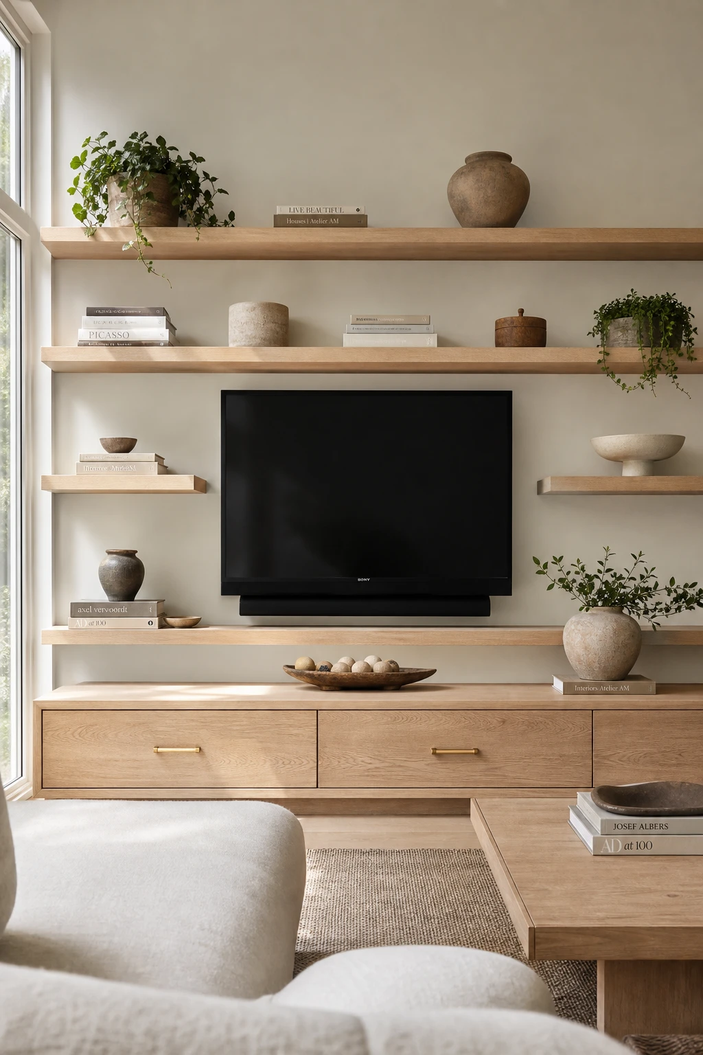 White oak living room with a floating shelf TV wall styled with ceramics and books, painted Farrow & Ball Cabbage White, soft natural light