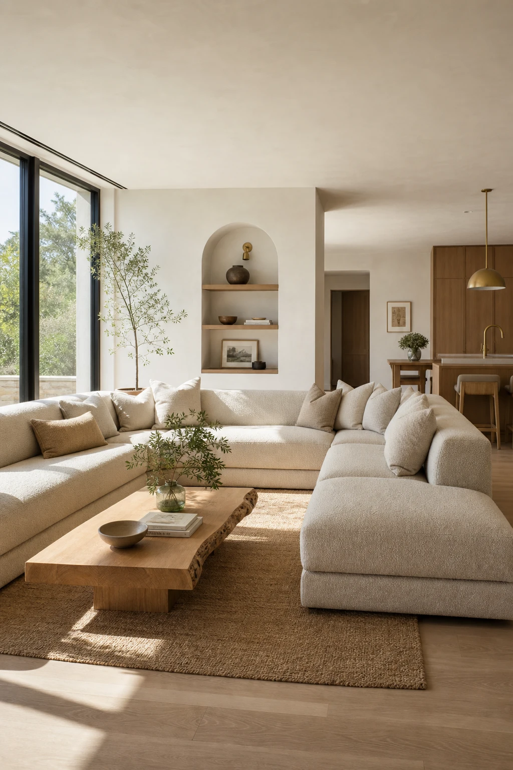 White oak living room with a generous sectional sofa as the hero, warm white walls, natural light, and layered neutral textures