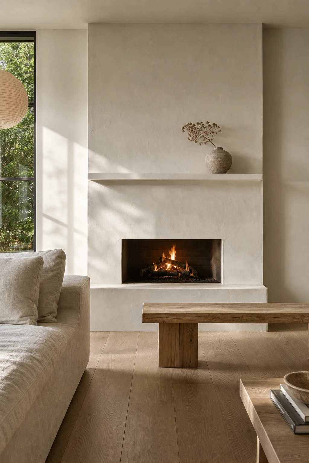White oak living room with a Japandi fireplace as the focal point, plastered surround in warm white, natural light from the left, minimalist and serene