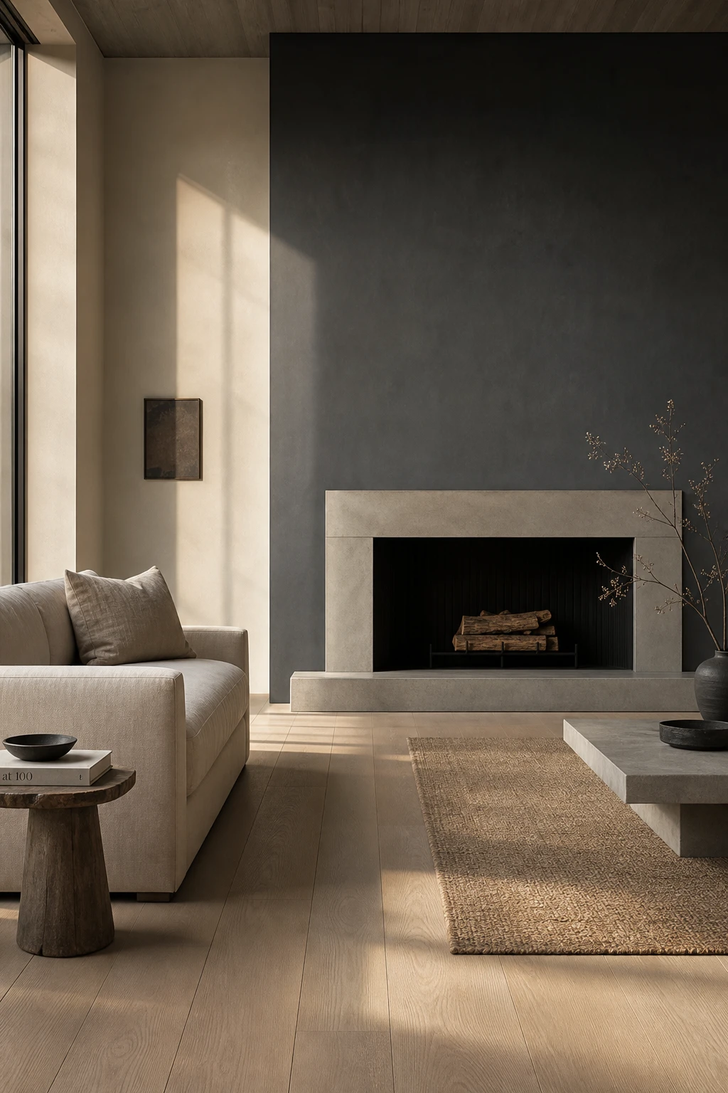 White oak living room with a minimalist fireplace surround painted Farrow and Ball Blackened, flanked by negative space and warm natural light