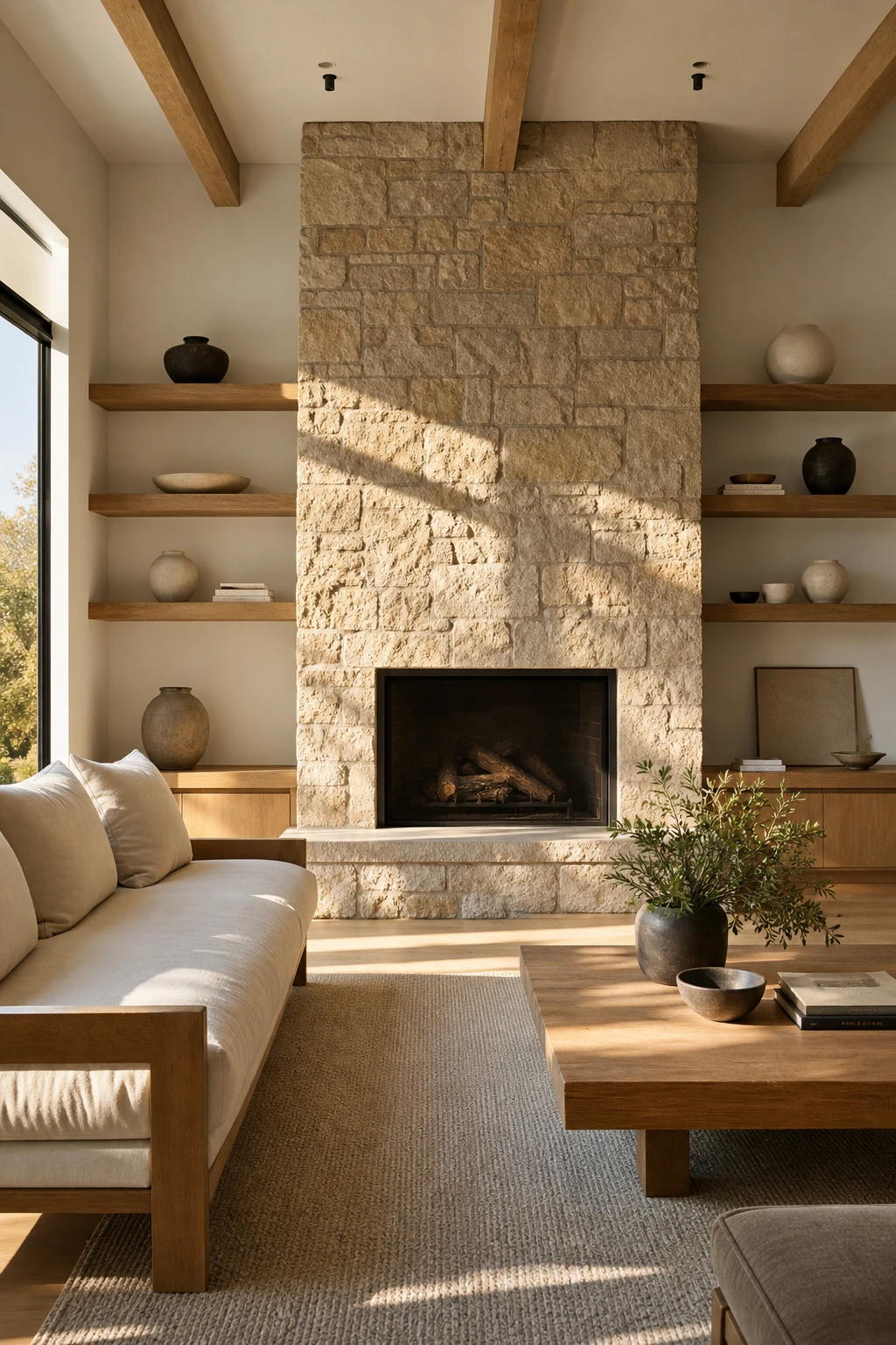 White oak living room with a stone fireplace as the focal point, warm natural light, and Farrow and Ball Strong White walls in a modern setting