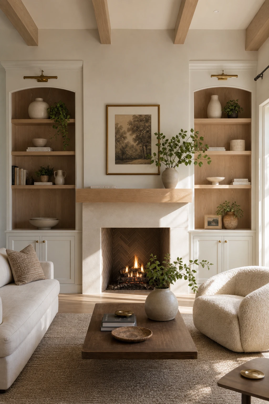 White oak living room with built in shelving flanking a fireplace, painted Farrow & Ball Blanc De Chine, symmetrical storage and warm natural light