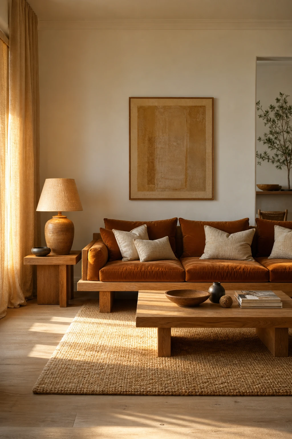 White oak living room with caramel tones as hero, amber cushions, honey linen drapes, warm white walls and natural light glowing across pale wood grain