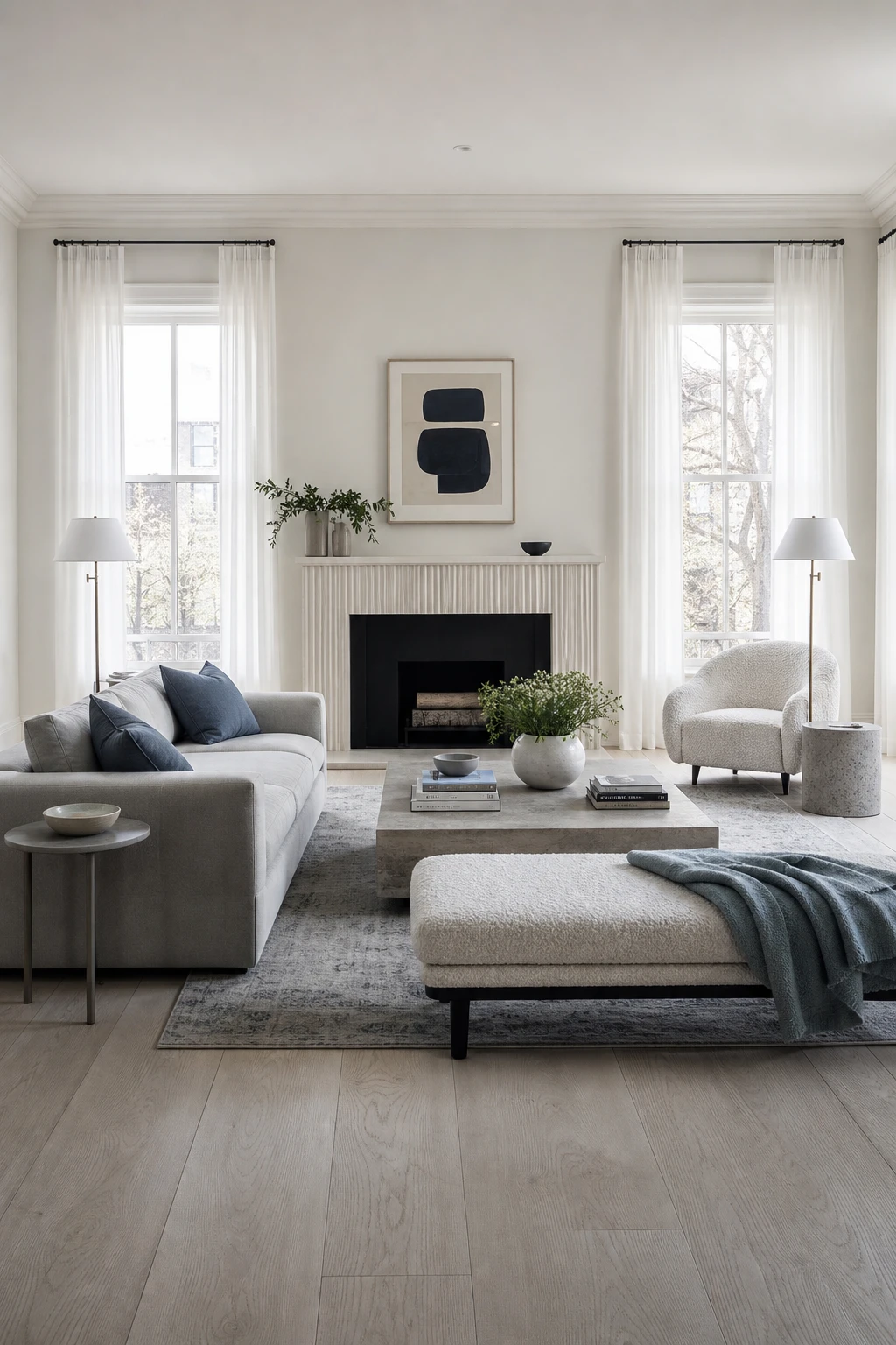 White oak living room with cool tone palette featuring grey sofa, steel blue accents, crisp white walls and natural oak flooring in bright afternoon light