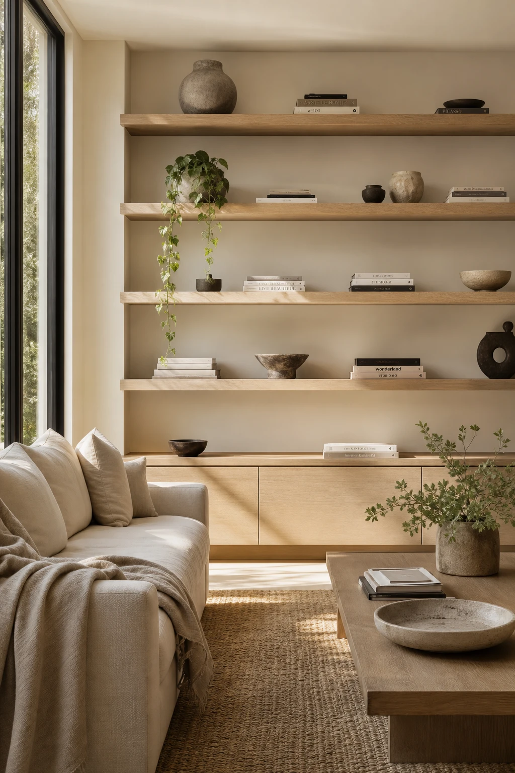 White oak living room with floating oak shelves as hero, styled with books, ceramics and warm objects against Farrow & Ball Slipper Satin walls
