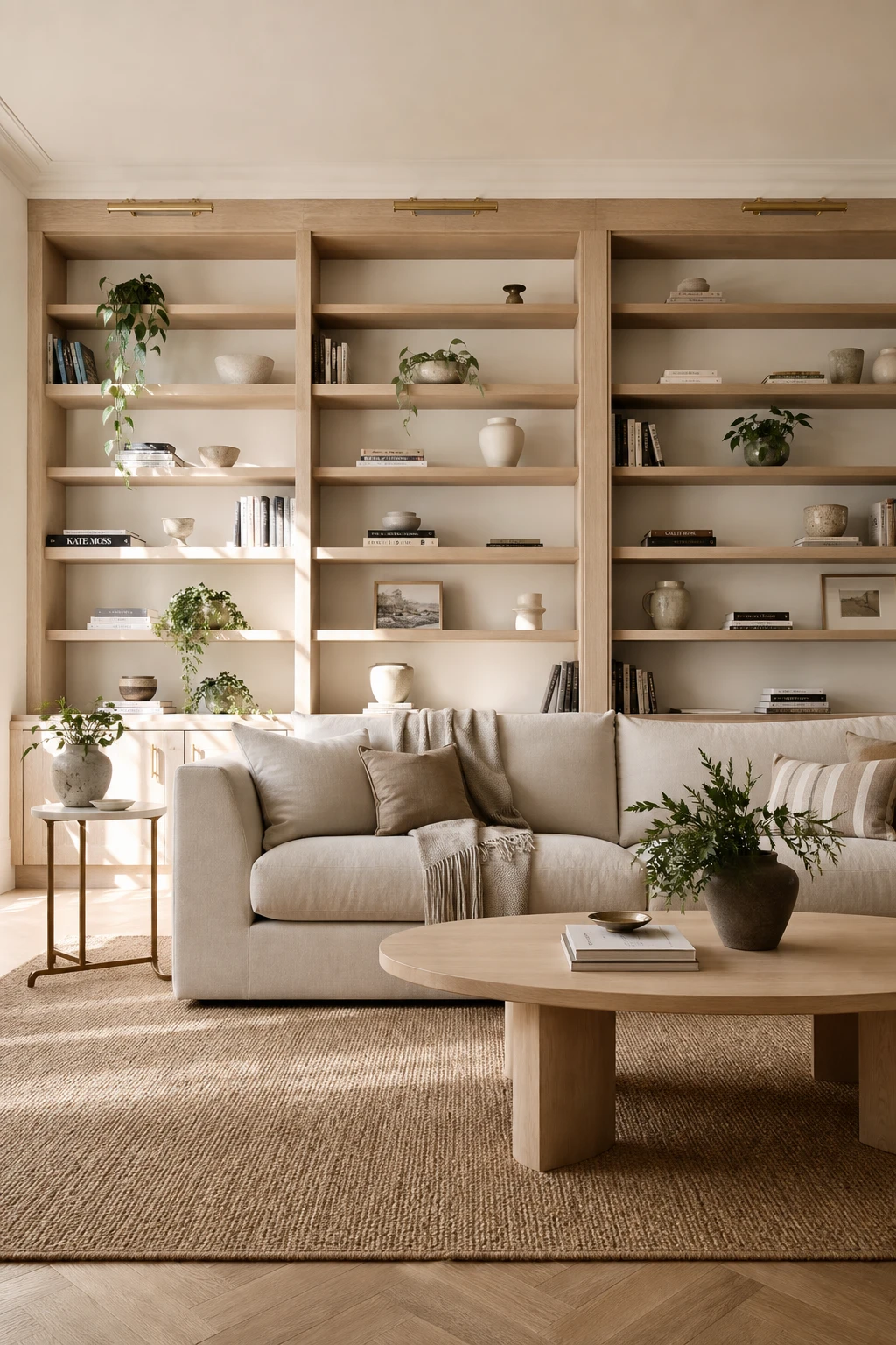 White oak living room with floor to ceiling built in bookshelves styled with books ceramics and plants beside a linen sofa under soft natural light