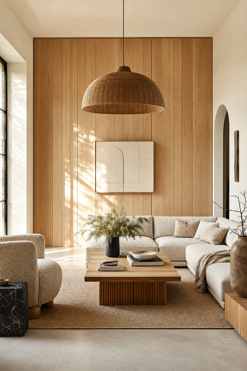 White oak living room with floor to ceiling oak wall panels as the hero feature, warm white walls, linen sofa, and rattan pendant light in soft afternoon light