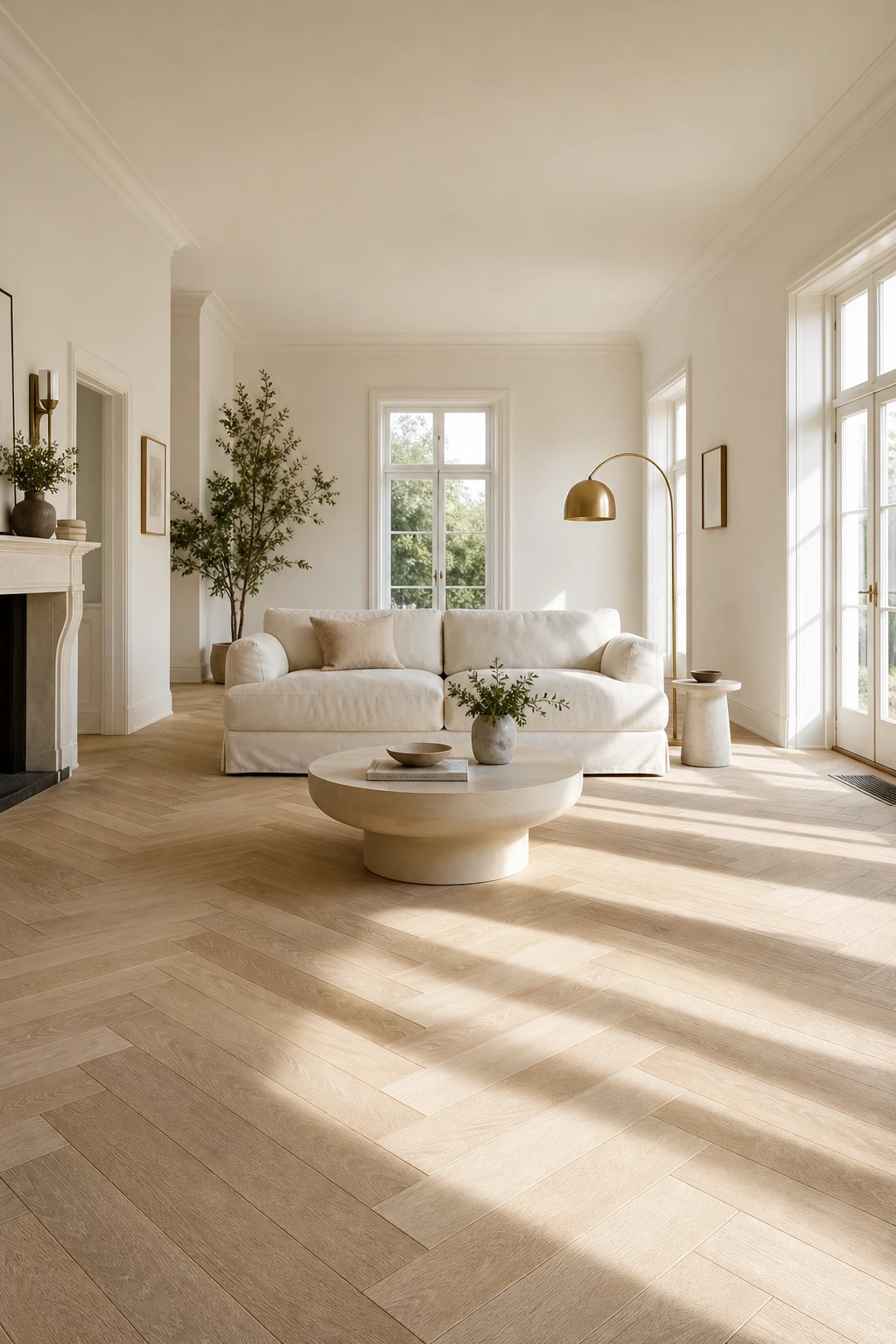 White oak living room with herringbone pattern floor as the hero, warm white walls, linen sofa, and soft natural light from tall windows