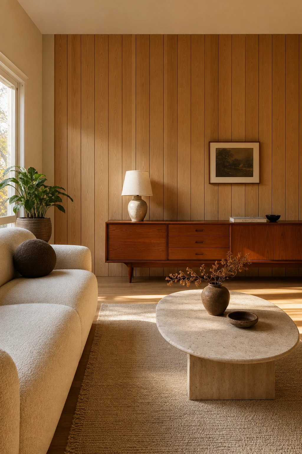 White oak living room with midcentury wood panel wall painted Farrow and Ball Au Lait, warm afternoon light, vintage credenza, and clean architectural lines