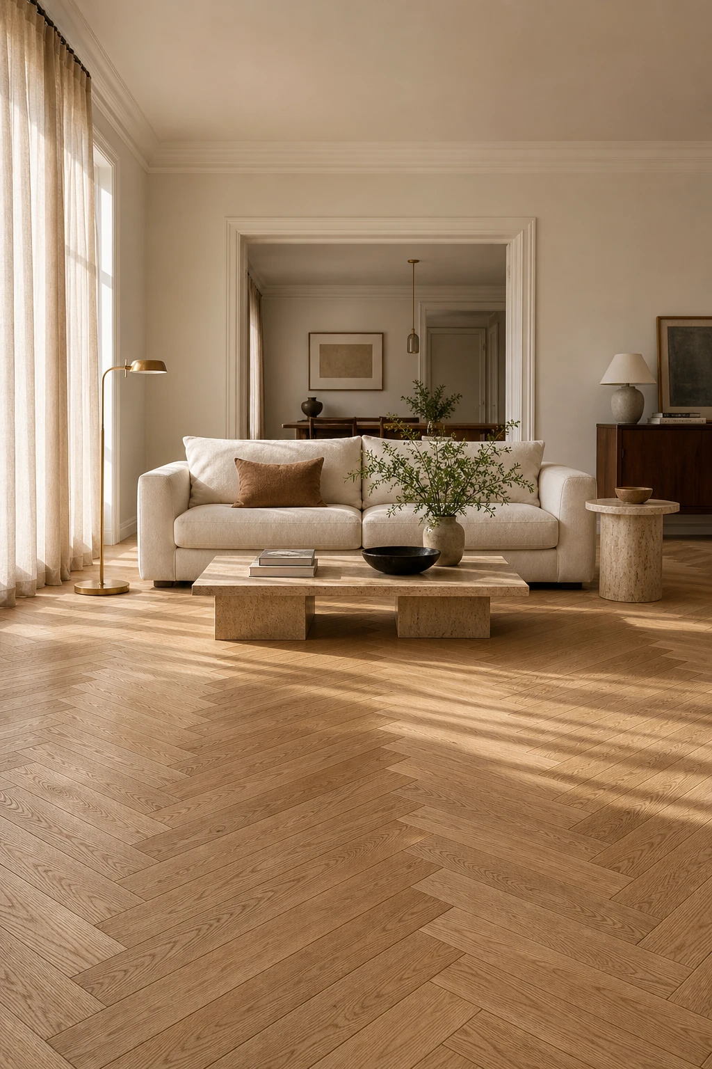 White oak living room with oak herringbone floor as hero, warm herringbone pattern anchoring a soft white sofa, linen curtains, and brushed brass lamp in afternoon light