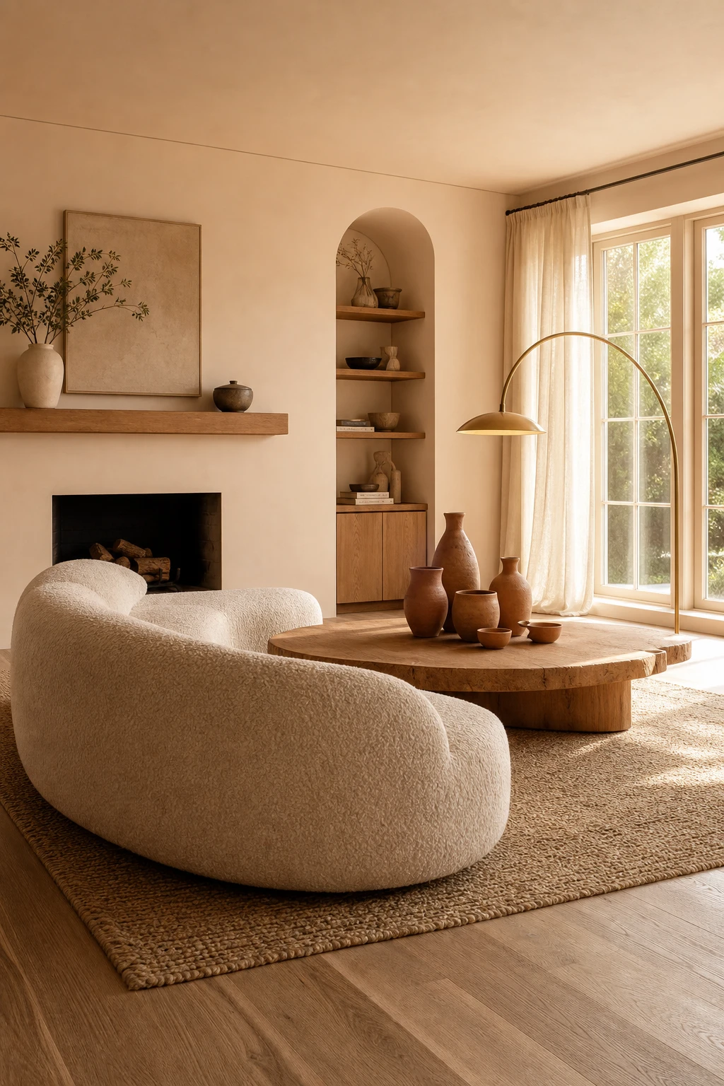 White oak living room with organic modern warmth, curved sofa, raw linen textures, bouclé cushions and Farrow & Ball Orange Coloured White walls in soft afternoon light