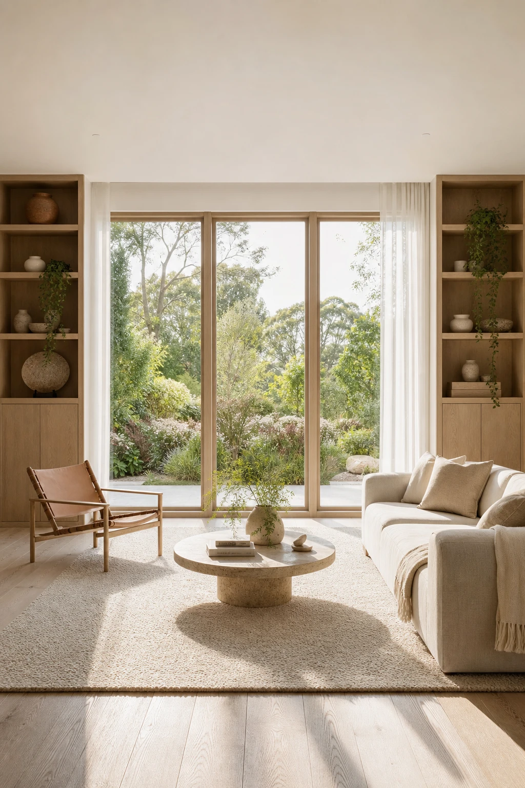 White oak living room with oversized windows as the hero, warm white walls, natural light flooding in, oak flooring and linen furnishings