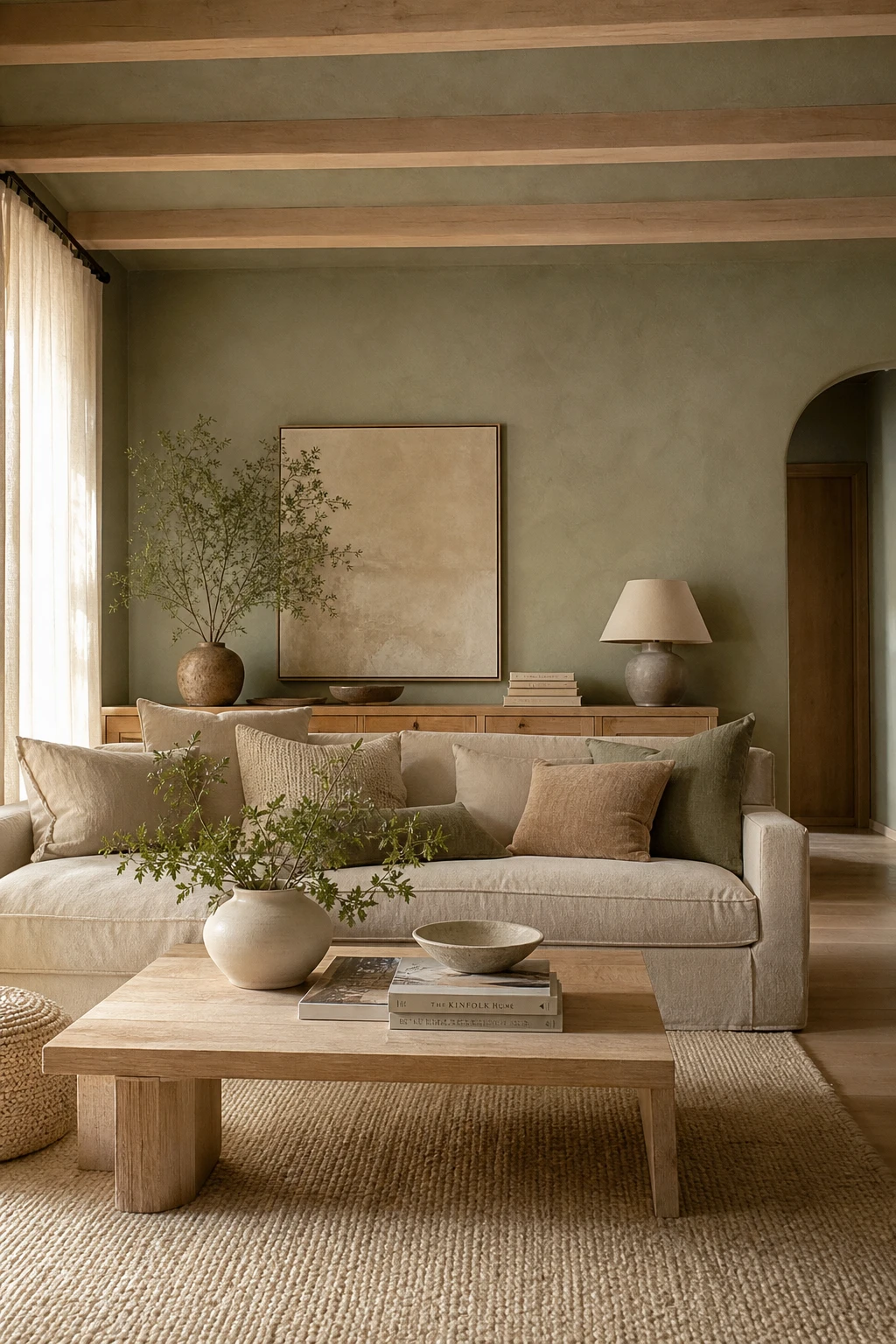 White oak living room with sage green and beige palette, Farrow and Ball Mizzle walls, linen sofa, woven rug, and natural light from tall windows