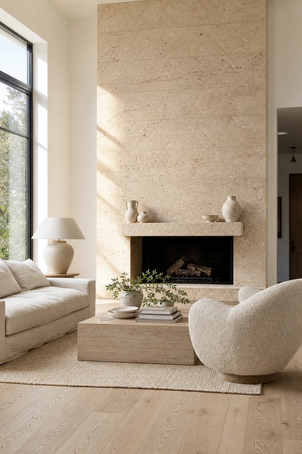 White oak living room with travertine stone fireplace surround as hero feature, warm natural light, All White walls, organic textures