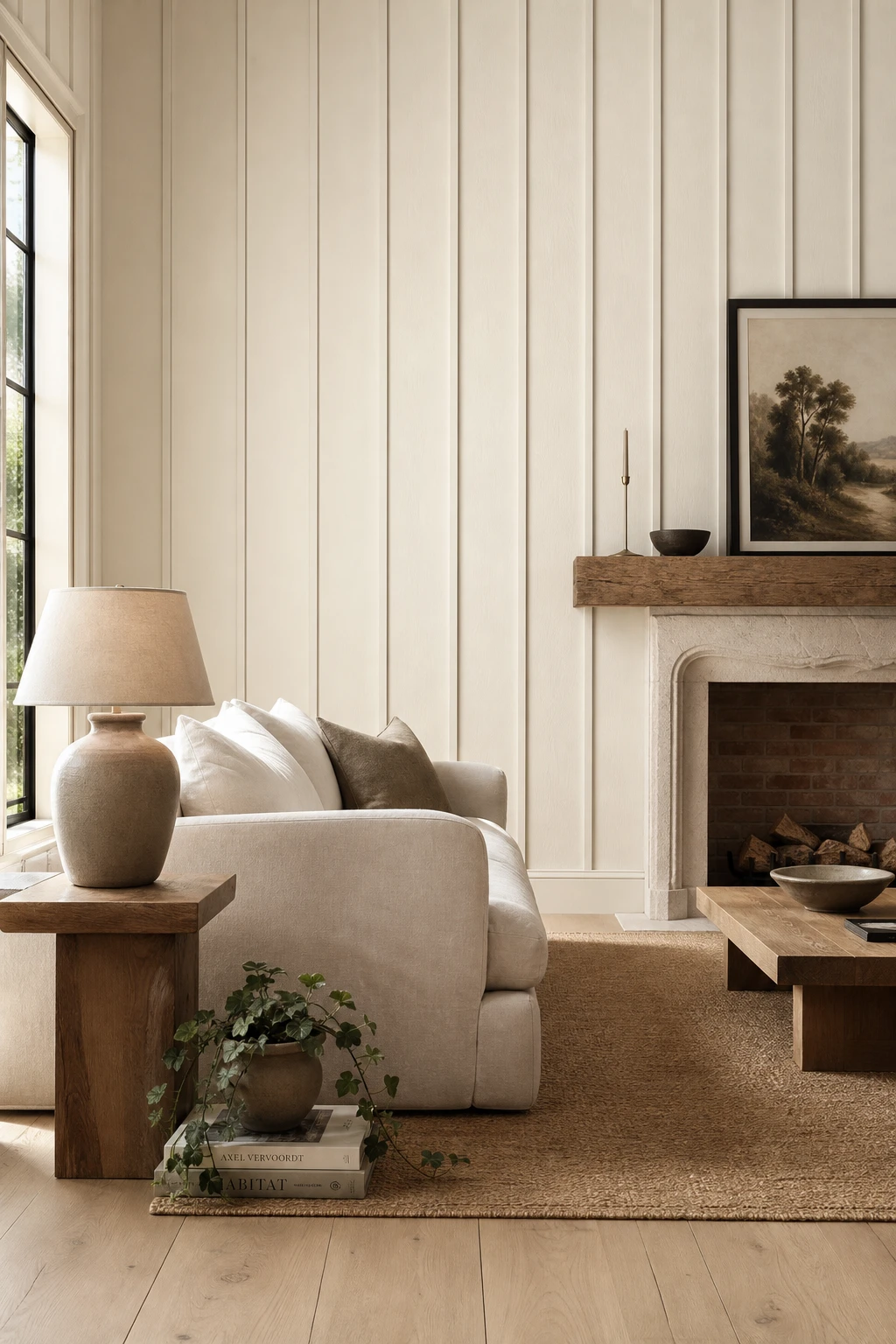 White oak living room with wood paneled walls painted Shadow White, featuring natural light, linen sofa, stone fireplace and warm oak flooring