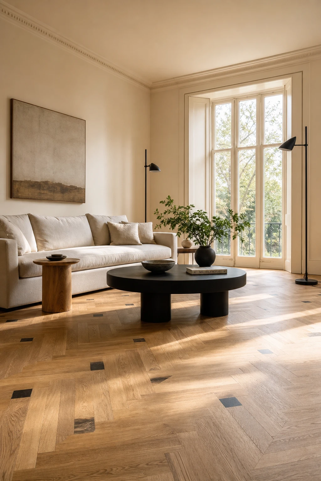 White oak parquet floor in a white living room with black furniture accents and cream walls painted Farrow and Ball Clunch warm white