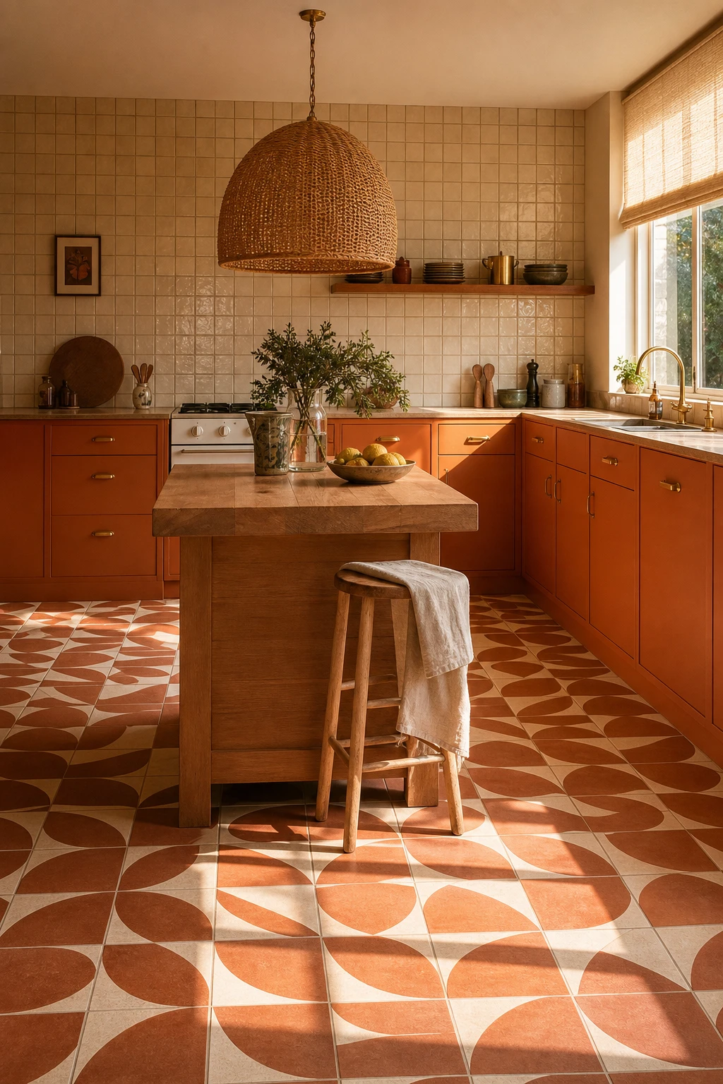Wide angle 70s kitchen with bold retro patterned floor tiles as hero, terracotta and cream geometric shapes, warm afternoon light, Farrow and Ball Orangery painted cabinets