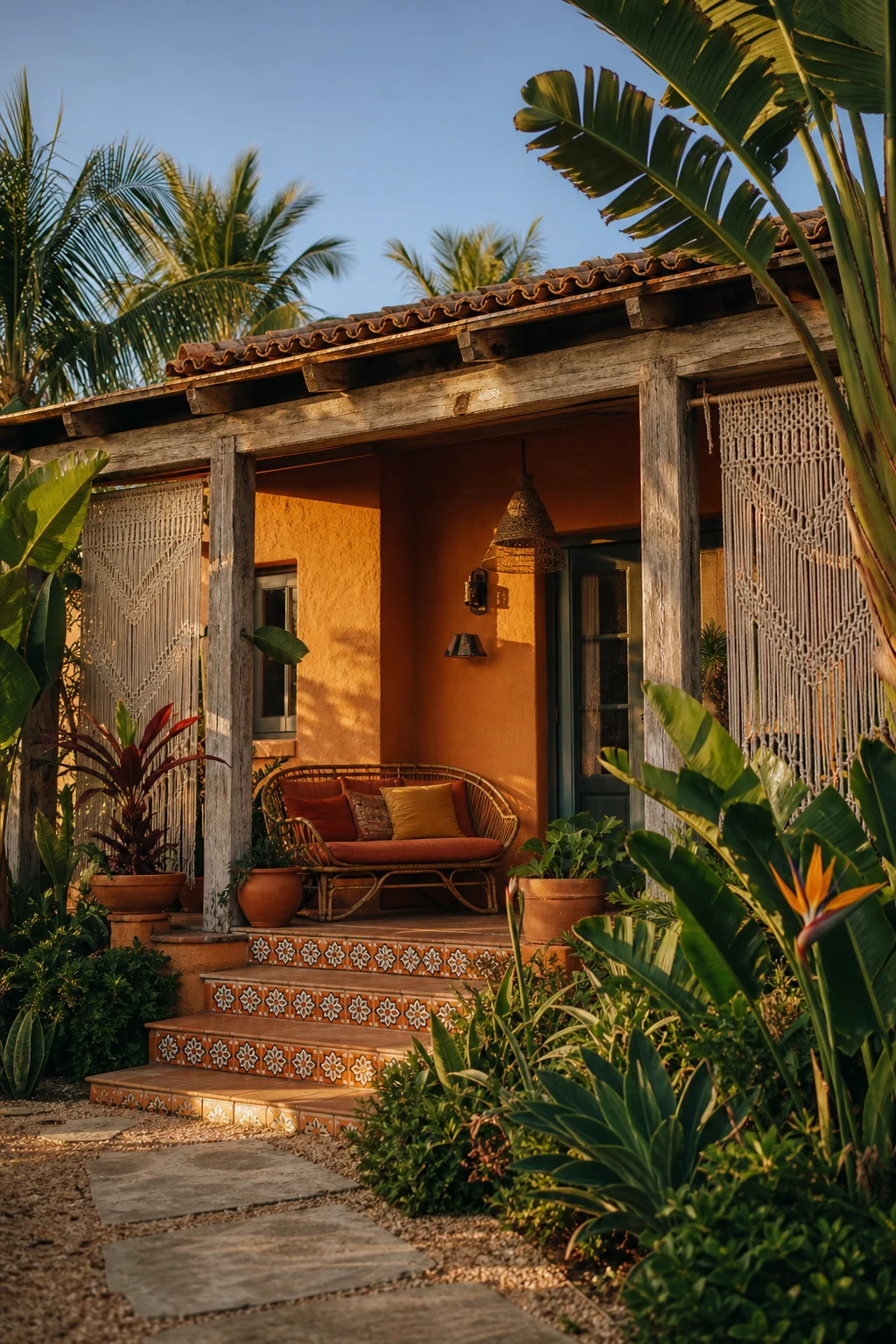Wide shot boho bungalow exterior with tropical color pop facade painted warm orange, lush plantings, rattan porch furniture, and terracotta tile steps in afternoon sun